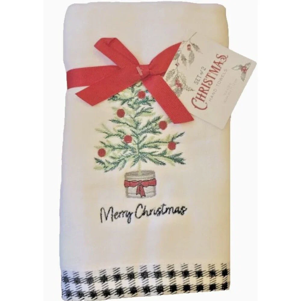 Merry Christmas Tree Hand Towels Embroidered White Buffalo Check 16x28